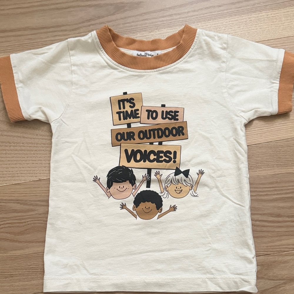 Outdoor Voices Inspired Kids Cream Graphic Tee with Tan Trim